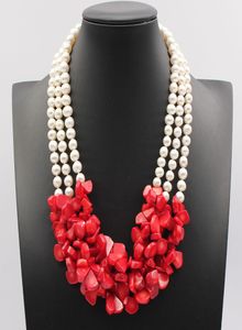GuaiGuai Jewelry 3 Strands Natural White Potato Round Pearl Red Coral Necklace Handmade Ethnic style For Women7976316