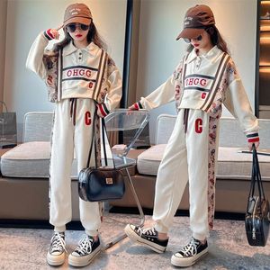 Autumn Cartoon Bear Embroidery Clothes Set for Childrens Girls Cotton Sweater Pullover Tops + Pant with Side Pocket Outfits 240218