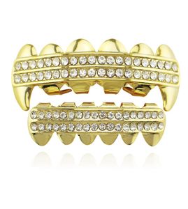 Punk Gold Teeth Grillz 2 Row Iced Out Grills Dental Hip Hop Vampire Fangs Teeth Caps Halloween Party Body Jewelry6925162