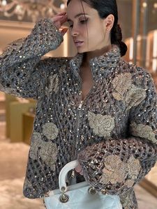 Flower Embroidery Women Hollow Out Cardigan Loose Shiny Stand Collar Zipper Knitted Coat Elegant Ladies Evening Party Sweater 240122