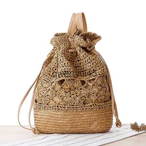 Backpack Style andmade Womens Summer Straw Beac Bag Woven ollow Drawstring Soulder Bags Boemian Knied Fasion Female BackpacksH24218