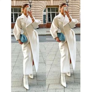 Wełniany długi płaszcz jesienne zimowe styl retro Lantern długie rękawy duże klapy czysta biała talia 2 piersi Ladies Girl Płaszcze 240122