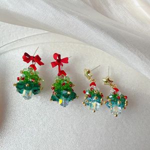 Kolczyki Dangle Korean Sweet 3D Bowknot Choinka dla kobiet Zielone kryształowy Xmas Drop Wesołych prezentów biżuterii