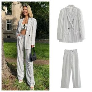 PB ZA Autumn Double Pocket Striped Suit Coat Slim and Versatile Loose Pants Two Piece Set 240127