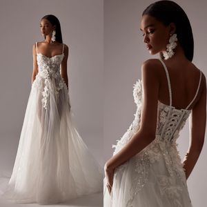 웨딩 3D- 플로럴 우아한 아플리케 신부 가운 스파게티 스트랩 레이스를 통해 보는 신부 드레스를 통해 맞춤형 플러스 사이즈