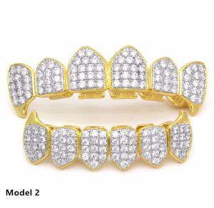18k Real Gold Punk Hiphop CZ Zircon Poker Letters Vampire Teeth Fang Grillz Diamond Grills Hemas Tooth Cap Rapper Jewelry for COS9063634
