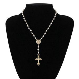 Katholische Rosenkranz-Perlen-Halskette für Damen, Statement-religiöser Schmuck, Gold-Lin-Kette, mehrschichtige Halsband-Halsketten mit Ranken-Anhänger. 58855749479155