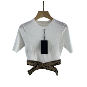 New design women's o-neck letter print cross bandage sexy high waist short knitted tees shirts