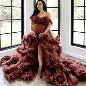 Ruffle tulle moderskapsklänning balklänningar för gravida kvinnor baby shower klänningar främre delade fotograferingskonnar