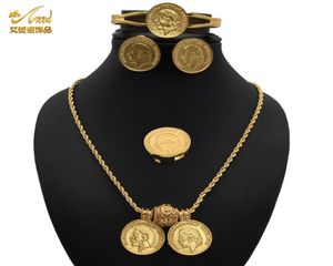 Комплект украшений Африканские свадебные серьги Женские индийские позолоченные ювелирные изделия Ожерелье с монетами Обручальные кольца Браслет Египетский дизайнер1491428