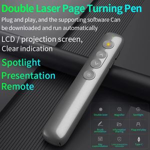 Doppio puntatore laser RF Presentatore wireless Controllo remoto Faretto Lente d'ingrandimento Gira pagina PPT Clicker per Techer Meeting 240119