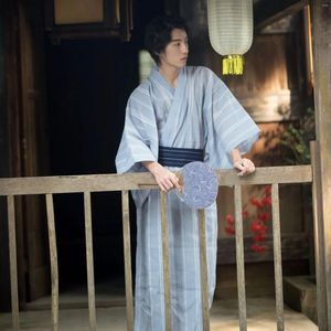 Ethnic Clothing Men Japanese Traditional Kimono Cotton Linen Stripe Bathrobe Male Yukata Gown Samurai Costumes