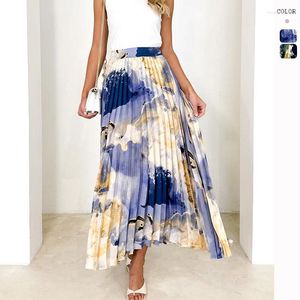 Kjolar eleganta kvinnors tryckta veckade kjol för vår- och sommarkontorets high-end oljemålning printe a-line s-xl