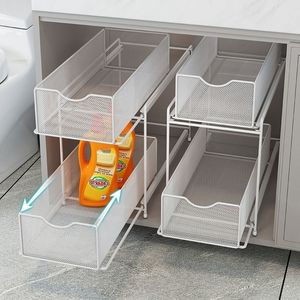 Simple Bathroom Pull-Out Double Shelf Bathroom Countertop Under The Sink Large Capacity Grid Miscellaneous Metal Storage Shelf 240125