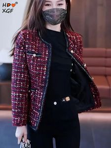 Элегантный клетчатый твидовый пиджак больших размеров для женщин, корейская мода, однобортный однобортный пиджак с жемчугом, повседневная универсальная куртка 240124