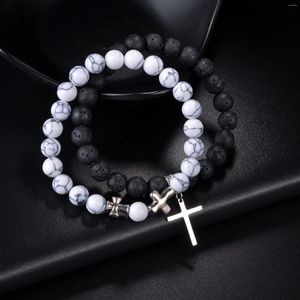 Charm Bracelets Trendy Men Beads Bracelet Sliver Color Cross Pendant Natural Stone For Women Jesus Prayer Jewelry