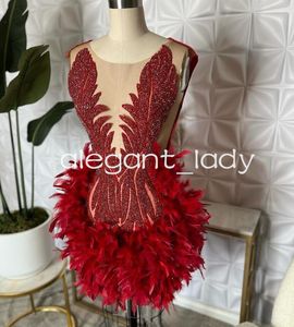 Sparkly Red Short Prom Homecoming Dresses for Black Girl Luxury Diamond Crystal Feather Cocktail Gown Vestidos de Noche