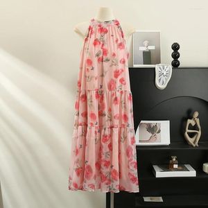 Casual Dresses Ferench Style Halter Chiffon Dress for Women Elegant Floral Print Loose Sleeveless Midi Vestidos Summer Fashion Lady Beach