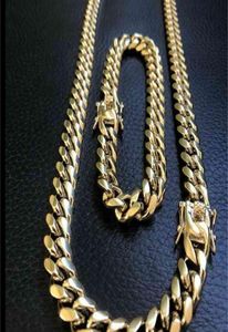 Cuban Bracelet 10mm Link Mens Chain Miami Set 14k Gold Plated Stainless Steel TK5Z6367713