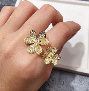 Fashion 4Four Leaf Clover 3 Flowers Open Band Rings with Diamonds S925 Silver 18K Gold for WomenGirls Valentine039s Mother03091009
