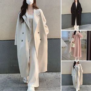 1Pc Lapel Design Coat Thick Soft Women Loose Jacket Stylish Double-breasted Womens Mid Length Trench Coat for Fall for Ladies 240219