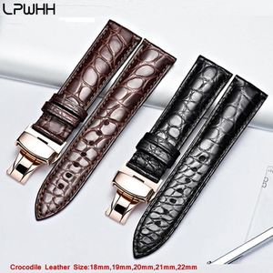 LPWHH oryginalny krokodyl skórzany pasek 18 mm 19 mm 20 mm 21mm 22 mm 22 mm zegarki Pasek Kawa Czarna klamra motyla Band Watch Band219c