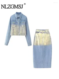Work Dresses Nlzgmsj TRAF Contrast Denim Jacket Women 2 Piece Sets 2024 Autumn Long Sleeve Coat Female Crop Top Maxi Skirt Suits Y2K Street