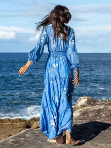 Casual Dresses Women Boho Maxi Floral Print V Neck Long Sleeve Dress Fashion Holiday Beach Outfits