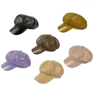 Berety kobiety vintage sztuczne patentowe skórzane czapka beret cap malarz stały kolorowy czapkę ośmioboczny kapelusz