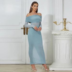 Casual Dresses Fashion Pleated Slash Neck Baby Blue Tube Top Long Sleeve Slim Bodycon Dress