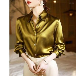 Blusas femininas qualidade luxo camisa feminina elegante escritório botão até camisas de manga longa momi seda crepe cetim negócios senhoras topo