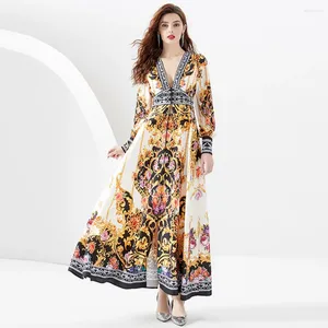 Casual Dresses Spring Summer Runway Baroque Maxi Dress Women Deep V-Neck Lantern Sleeve Vintage Printed Boho Long Robe Vestidos