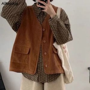 Corduroy Vests Women Streetwear Pockets Autumn Coats Tender Allmatch Ropa Mujer Japanese Style Solid Vintage 240123