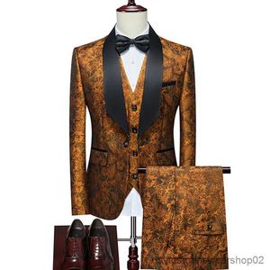 Ternos masculinos blazers 2023 moda nova masculina casual negócios casamento flor vestidos blazers/mens ajuste fino impresso terno jaqueta calças colete 3 peças conjunto