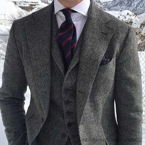 Herrdräkter blazers grå ull tweed vinter män kostymer för bröllop formell brudgum tuxedo sillben manlig mode 3 bit (jacka +väst +byxor +slips)