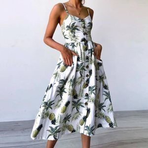 Casual Dresses Printing Buttons Off Shoulder For Women 2024 Sleeveless Princess Sundress Thin Straps With Pockets