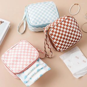 Cosmetic Bags Square Checkered Small PU Leather Toiletry Makeup Organizer Bag Portable Large Capacity Sanitary Napkins Storage Monthly