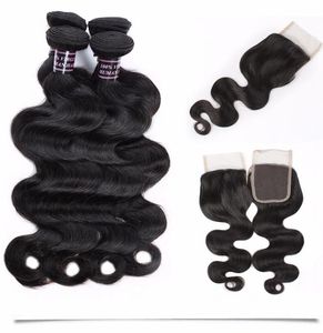 Onda de água cabelo humano pacotes 3 pçs com fechamento de renda vison jato reto brasileiro natural cor preta tece profundo para meninas femininas 3530967