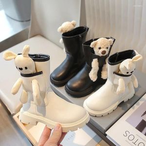 Botlar Platform Kız Boot 2024 Sonbahar/Kış Moda Deri Cuhk Ayak Bileği Karikatür Tek Küçük Ayı Tavşan Çocuk Ayakkabı