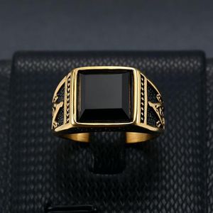 European and American Classic Retro Ring Titanium Steel ColorRetaining Gold Plated Black Agate Masonic AG Mens Ring2051632