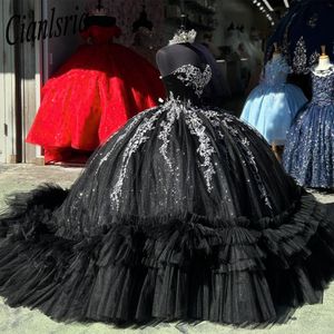Meksyk czarna ukochana sukienka Quinceanera 2024 Aplikacje z koralikami gorset suknia balowa 3D Flowers Ball Suknia Sweet 16 Robe de Bal