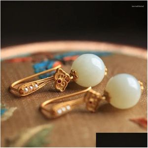 Baumelnde Kronleuchter-Ohrringe Original Ruyi Natürliche Jade-Perlen für Frauen Vintage eingelegte Perlenohrringe Hochwertiges antikes Goldhandwerk Je Otfoe