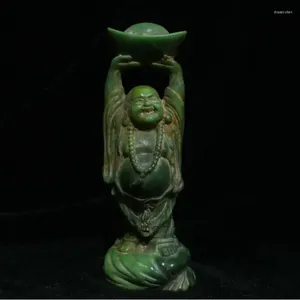 Estatuetas decorativas antigo chinês natural verde jade escultura riqueza feliz rir estátua de buda maitreya