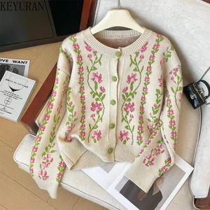 Kvinnors stickor Floral Jacquard tröja kofta för kvinnor vår höst vintage elegant o-hals långärmad stickade cardigans outwear toppar