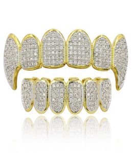 Hip Hop Grillz Luxury Glaring Zircon Micro Pave Dental Grills 2019 Fashion Men Women 18K Gold Plated Teeth Brace 2Piece Set Whole3064281