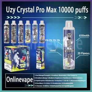 UZY Crystal Pro Max 10000 Puff Disposable E Cigarettes 1.2ohm Mesh Coil 16ml Pod Battery Rechargeable Electronic Cigs Puff 10K 0% 2% 3% 5% RBG Light Vape Pen 12flavors