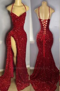 Brilho vermelho lantejoulas vestidos de baile novo sexy cintas de espaguete alta coxa dividir vestidos de noite com laços sem costas vestido bc18190
