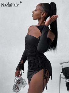 Casual Dresses Nadafair Women Dress Off Shoulder Long Sleeve Mini Bodycon Spring Summer 2024 Sexy Split Ruched Black White Strapless