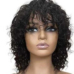 Parrucca da donna con capelli ricci corti neri con frangia, capelli ricci piccoli, copertura completa in fibra sintetica