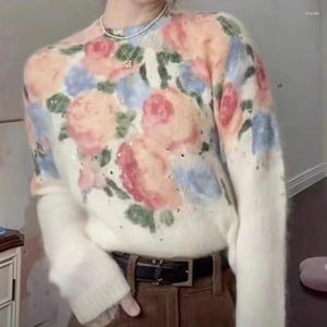 Kadın Sweaters 2024 Sonbahar Yumuşak Çiçek Baskı Pullu Örme Külot Kadın Kazak
